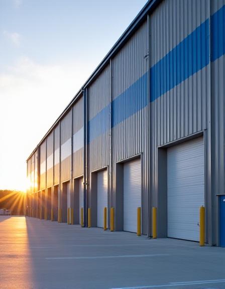 Modern logistics warehouse exterior with bay doors