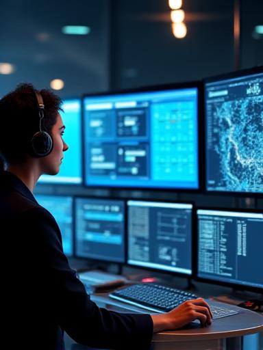 Modern logistics dispatch center with professionals monitoring freight transit