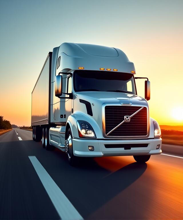 Modern logistics truck on the road at sunset