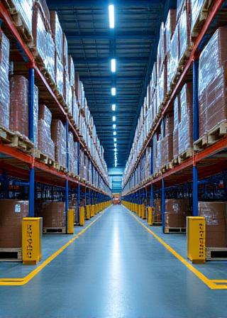 High-bay warehouse interior with forklift